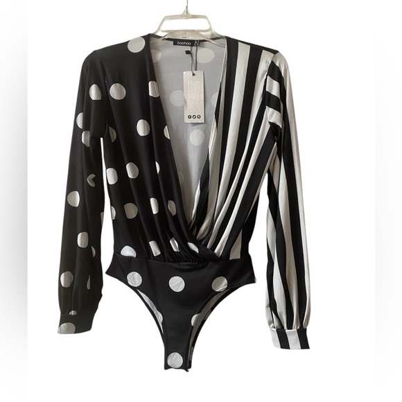 Boohoo Black &White Polka Dot & Stripe Bodysuit Long Sleeves New Size 4 - Picture 1 of 16